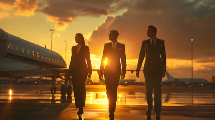 Wall Mural - man and women, as flight captains walking at the airport in a leadership movie portrait, sunset and golden hour