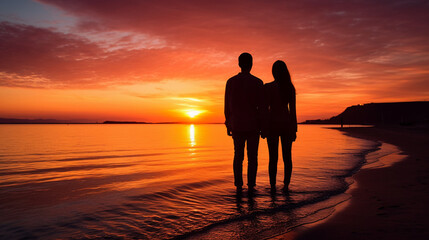 Couple watching a spectacular sunset from a beach, vibrant colors reflecting on the water, romantic and peaceful setting