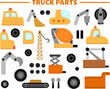 Vector truck spare parts set. Special transport details collection. Construction site, road work, building transport icons with body, cabin, wheel, scoop, crane, platform for bulldozer, tractor, truck