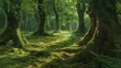 Enchanted woodland: A verdant forest is punctuated by towering tree trunks, their moss-covered roots adding to the mystical ambiance.
