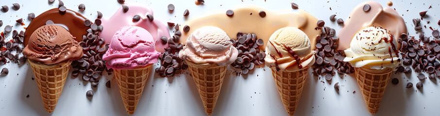 A row of five different flavored ice cream cones with toppings, arranged on a white background.