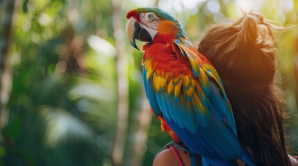 Poster - Feathered beauty: A colorful parrot perches on its owner's shoulder, its vibrant plumage a stunning display of nature's artistry.