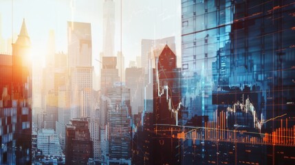 Fototapete - Financial chart on city scape with tall buildings background multi exposure. Analysis concept.