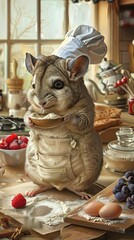 Wall Mural - chinchilla cook. A chinchilla wearing a chef's hat in the kitchen preparing food