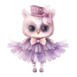 cute watercolor balerina owl isolated on white