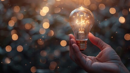 Poster - Hand holding the glowing lightbulb that is illuminating for creative thinking idea of problem solving , patent and innovation concept.
