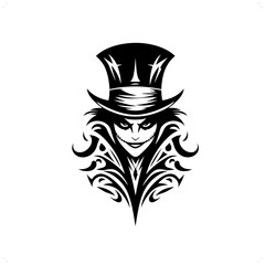 Wall Mural - mad hatter in modern tribal tattoo, abstract line art of people, minimalist contour. Vector