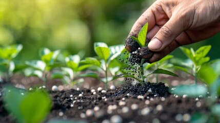 Poster - hand of a farmer giving fertilizer to young green plants nurturing baby plant with chemical fertilizer on green bokeh background