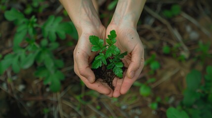 Poster - Hands holding and caring a green young plant