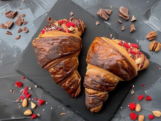 two flat croissants with chocolate and raspberries on a black background