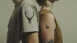 A couple of young people who wear tattoos on their arms, featuring minimalist deer and moon patterns The tattoo is simple yet elegant with dark blue ink 
