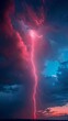 In a thunderstorm, red lightning illuminates the blue sky with high voltage, a fierce scene of shock and awe
