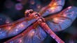 The intricate patterns of a dragonfly's wings, d by the soft light of dusk and shimmering with iridescent hues.