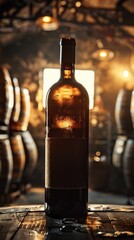 Sticker - A bottle of wine on a table in front of barrels, AI