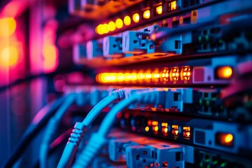 Poster - This photo presents a detailed view of multiple wires tightly packed in a server, showcasing the intricate network of connections, Conceptual backdrop of a network switch in operation, AI Generated
