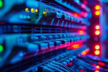 Poster - A photograph depicting a row of servers neatly lined up in a server room, ready to handle data processing and storage, Conceptual backdrop of a network switch in operation, AI Generated