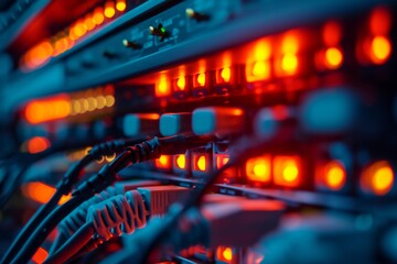 Poster - A scene showing multiple servers lined up in a row, with red and yellow lights illuminating the room, Conceptual backdrop of a network switch in operation, AI Generated