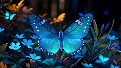 Beautiful glowing neon blue butterfly and flowers in the dark forest. High quality 4k footage