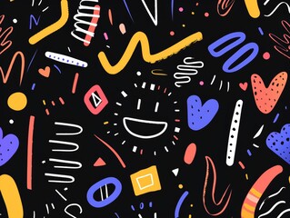 Wall Mural - An illustration of a film smiley shapes and squiggle lines pills colors light pink on a black background, generated with AI