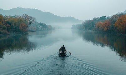 A boatman sails a boat along a river. arashiyama in the fall season along a river in kyoto, japan