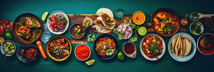 Traditional Mexican Dishes on Blue Background, Banner