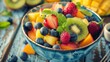 Healthy living of a bowl of fresh fruit salad on a wooden focus on texture and vibrant colors, generated with AI