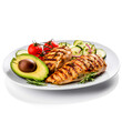 Grilled chicken breast on a white plate with fresh vegetables, white background 