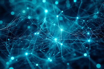 Poster - A photo featuring a blue background filled with an assortment of lines and dots, creating a visually dynamic pattern, Cybernetic patterns representing a peer-to-peer network, AI Generated