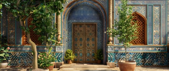 Wall Mural - The blue tiled design on the front of the plant in the style of faceted shapes qajar, generated with AI