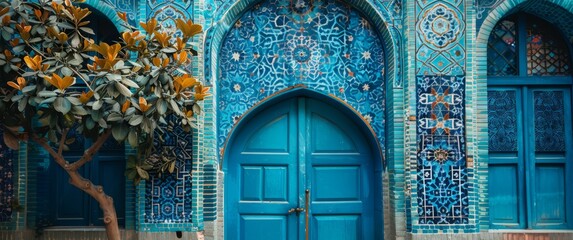 Wall Mural - Oriental artchitecture, the blue tiled design on the front of the plant in the style of faceted shapes qajar, generated with AI