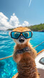 Cute pet animal wearing snorkeling goggles on a boat. 