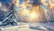 Snowy landscape, beautiful winter sky and showy trees, generated with AI