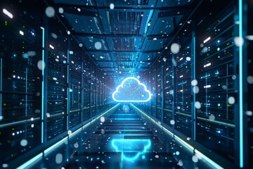 Poster - A cloud hovers amidst rows of computers and servers in a high-tech server room, Data packets moving from a local server to the cloud, AI Generated