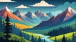 Abstract background of mountains and woods in flat style.