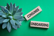Consumer Onboarding symbol. Wooden blocks with words Consumer Onboarding. Beautiful green background with succulent plant. Business and Consumer Onboarding concept. Copy space.