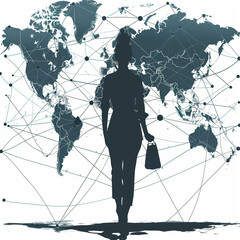 Silhouette of a business woman holding a handbag standing in front of a map with a global network and connectivity, symbolizing a world wide presence