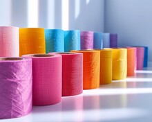 This Image Features Several Rolls Of Colorful 100 Cotton Tapes Prominently Placed On A Pristine White Surface 
