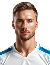 Handsome Young Caucasian Male Athlete In A Soccer Jersey, Isolated On A Transparent Background, Ideal For Sports Marketing And Event Promotions