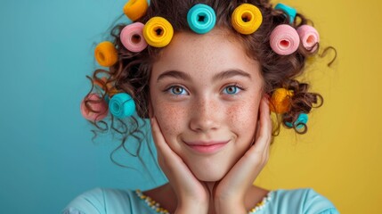 Poster - A young girl with hair curlers in her hair posing for a picture, AI