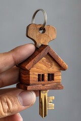 Poster - A person holding a miniature house keychain with two keys, AI