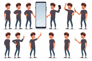 Wall Mural - Set of male character in various poses and actions. Happy guy gesticulates, poses, points to a huge smartphone 3D avatars set vector icon, white background, black colour icon