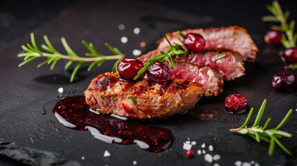 Wall Mural - Close up of meat with cranberries and rosemary