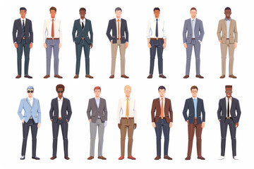 Wall Mural - Set of multiethnic business men of different ages and races in office outfits on a white background 3D avatars set vector icon, white background, black colour icon