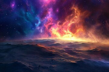 Wall Mural - A vibrant and dynamic space scene featuring a multitude of stars and billowing clouds, Digital illustration of a vibrant nebula viewed from alien planet surface, AI Generated