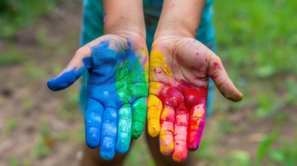 Sticker - A child's hands painted with different colors of paint, AI