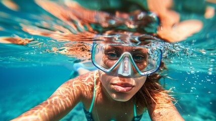 Wall Mural - A woman wearing a snorkel and goggles underwater, AI