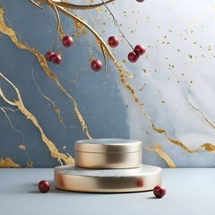 Wall Mural - empty silver podium, gold and blue marbled wallpaper with berries bursting in blurred vison around, beauty template mockup

