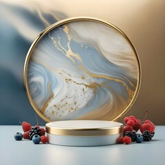 Wall Mural - empty silver podium, gold and blue marbled wallpaper with berries bursting in blurred vison around, beauty template mockup, stock images