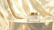 Face cream in a glass jar on white and gold background. Skin care concept. Backdrop for beauty cosmetic products