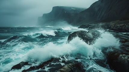 Canvas Print - A large wave crashing over a rocky shoreline near the ocean, AI